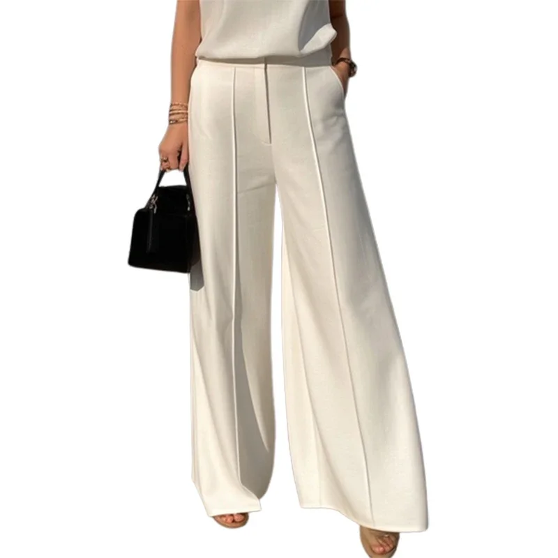 Yeuzzi Office Lady Fashion White Suits Pants 2024 nuova primavera estate tinta unita a vita alta pantaloni Casual a gamba larga Bottoms