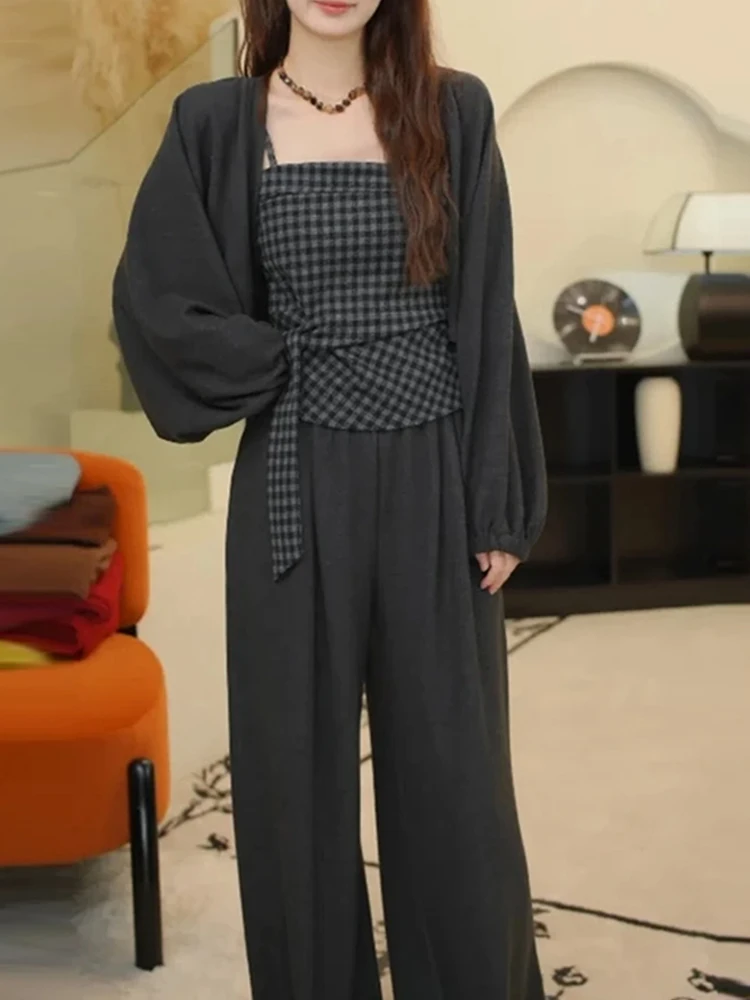 

Faionable Plaid Strap oulder Coat Casual Wide Leg Pants Tee Piece Set Women's Autumn New Sle Breathable Polyester Fiber