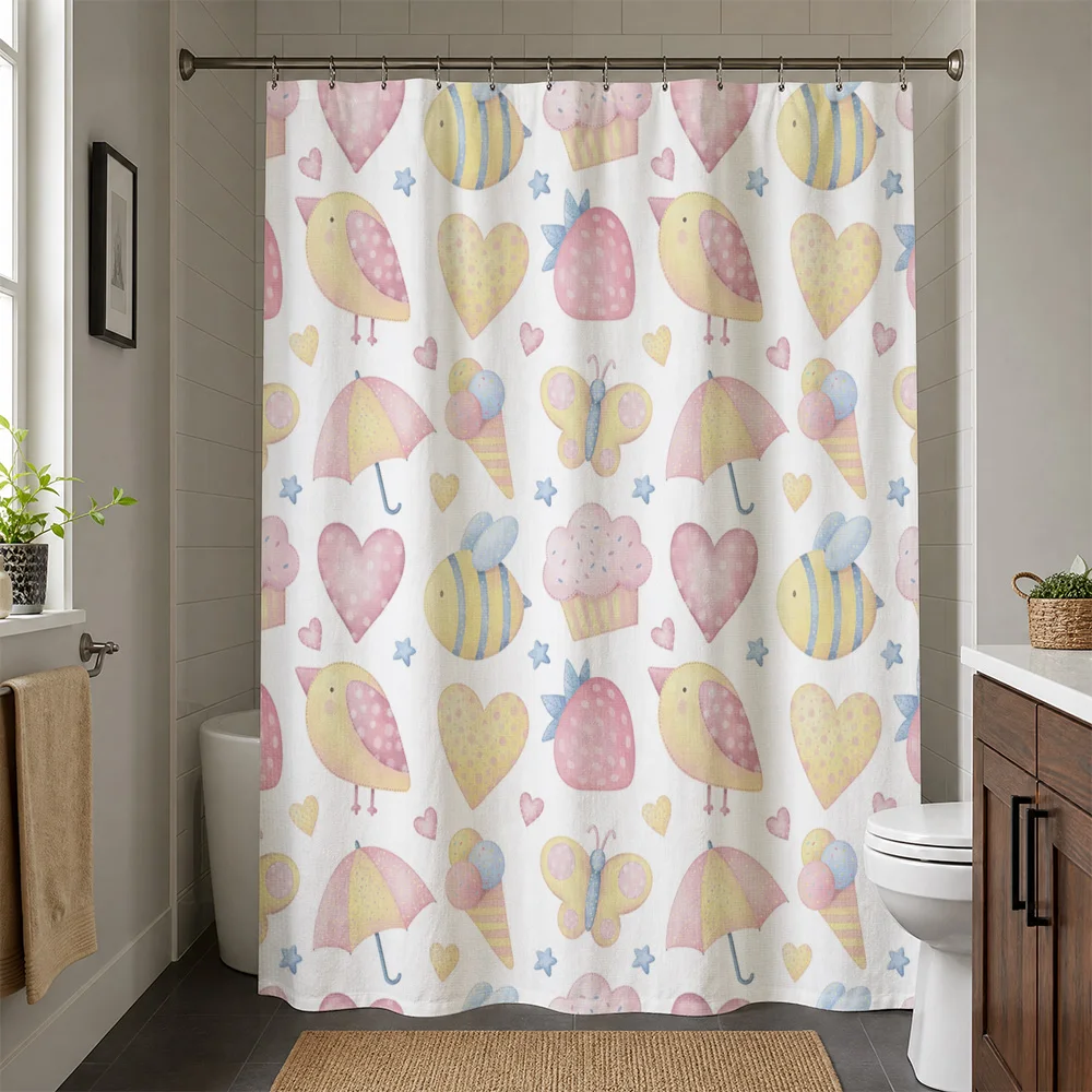Kawaii Candy Shower Curtain Bathroom Decor Pastel Sweet Heart Ice Cream Chicks Nursery Shower Curtain for Kids Bathroom Supplies