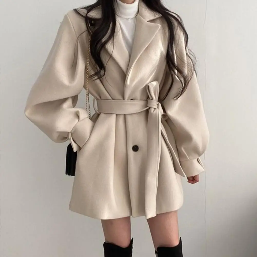 Belt Decoration Waist Jacket Stylish Fall Winter Women's Jacket with Belt Pockets Chic English Style A-line Overcoat for Dating