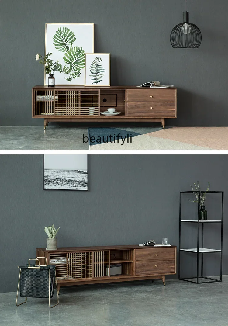 

Metal brass sliding door solid wood audio-visual cabinet Nordic modern cherry wood black walnut oak storage TV cabinet