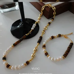 Tiger eye stone real pearl beaded necklace stainless steel necklaces for women  minimalist elegant vintage winter Maillard style