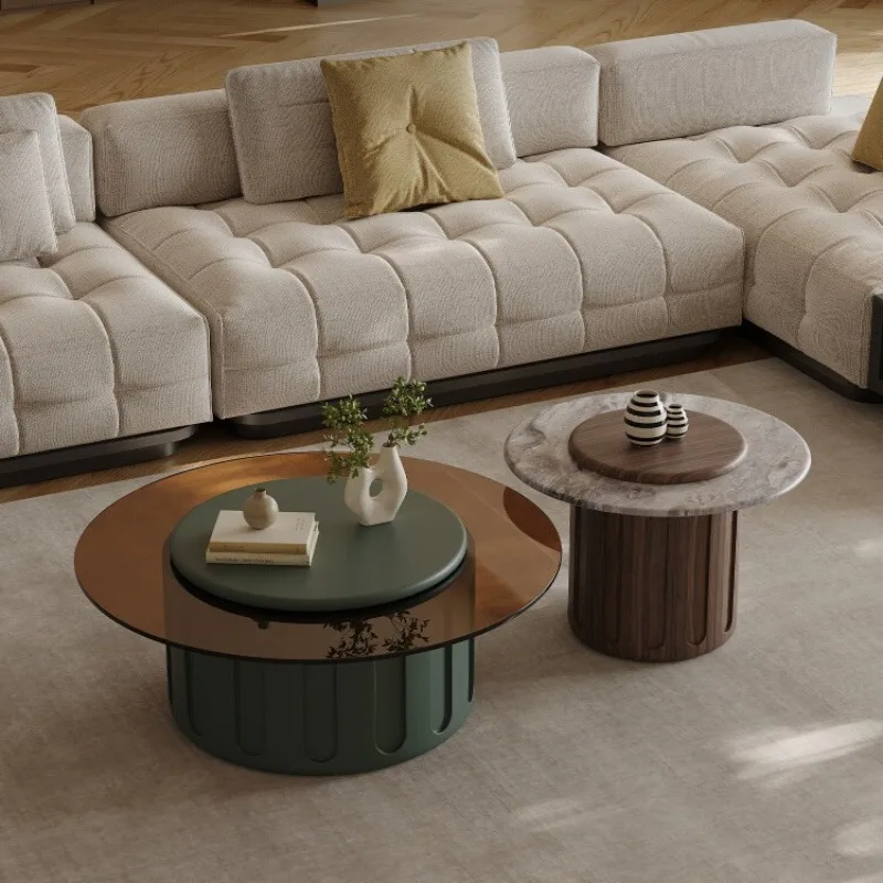 

Medieval style coffee table combination, round marble glass wabi style living room household high-end small table