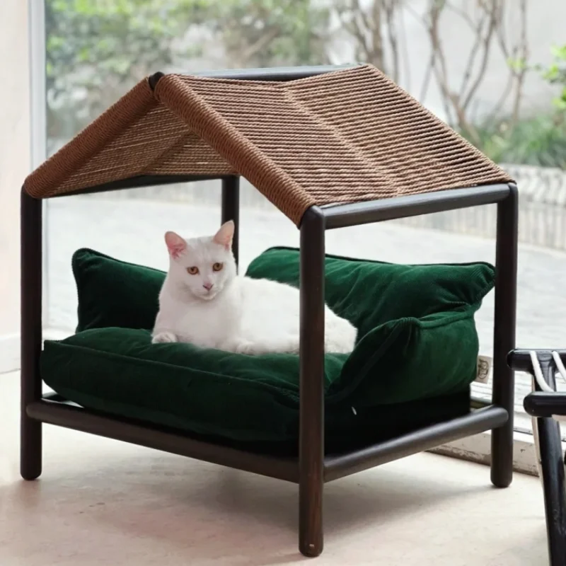 Pet wooden house cat nest solid wood summer high-end four-season universal rattan weaving cat house house toys