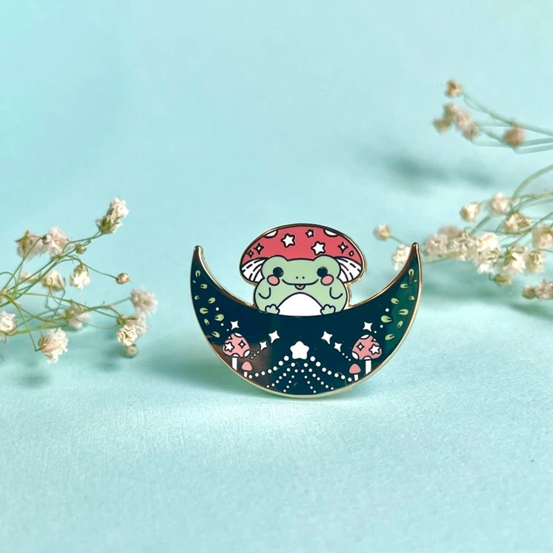 Kawaii Cute Celestial Frog and Moon Cartoon Enamel Badge Brooch DIY Backpack Collar Lapel Mushroom Pins Jewelry Fans Brooch Gift