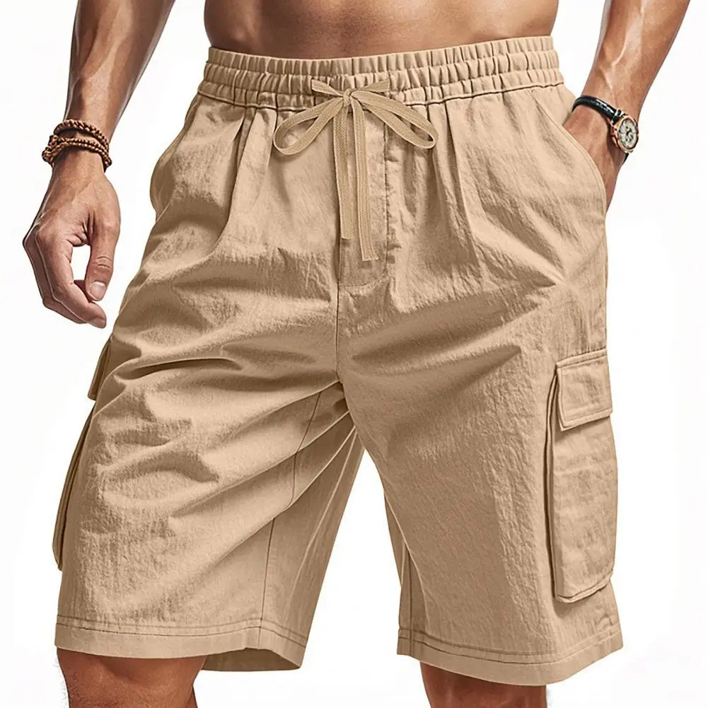 Men Shorts Elastic Waist Drawstring Casual Shorts with Pockets Pure Color Loose Fit Beach Vacation Cargo Shorts Pants Summer New