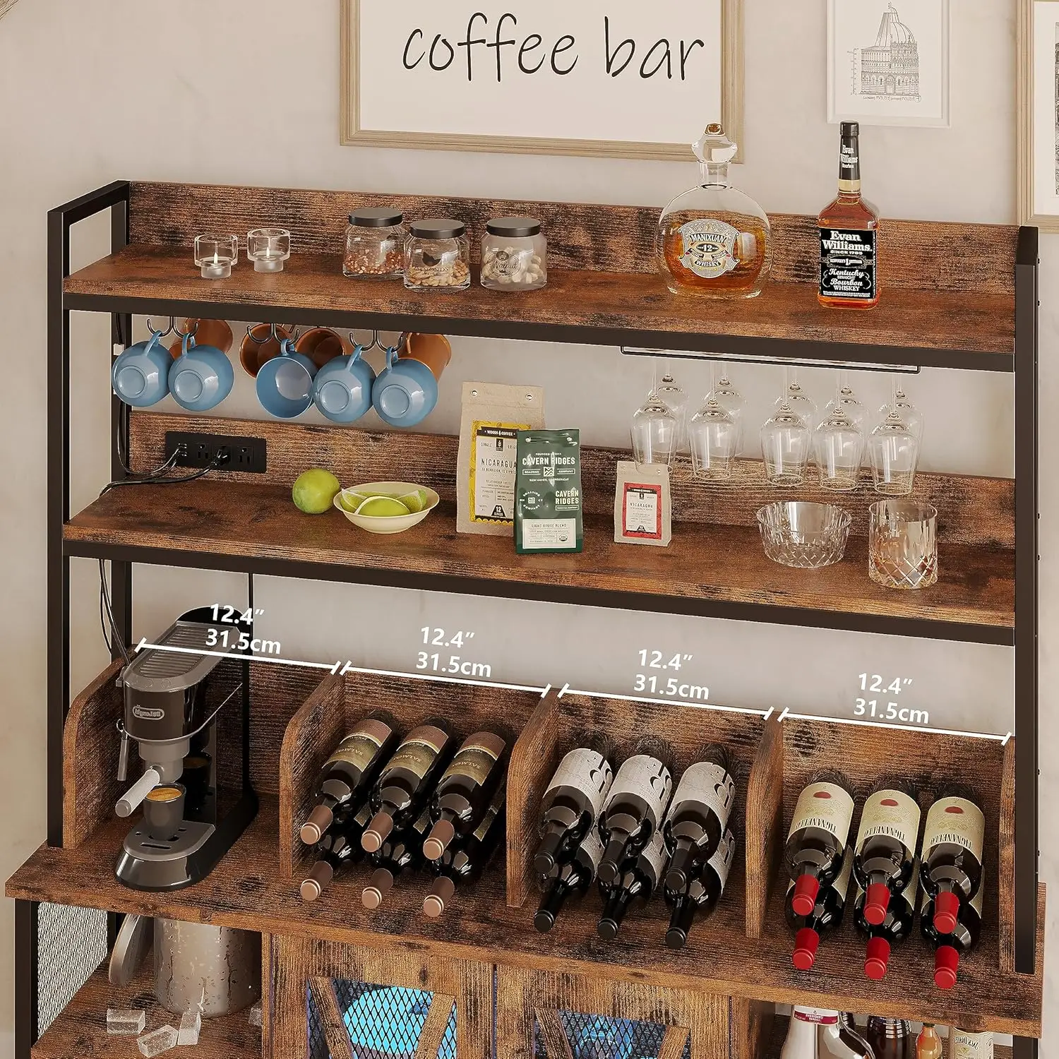 Coffee Bar Cabinet with Power Outlet, Industrial Buffet Cabinet with LED Strip and Glass Holder, 3-Tiers Liquor Cabinet Bar for