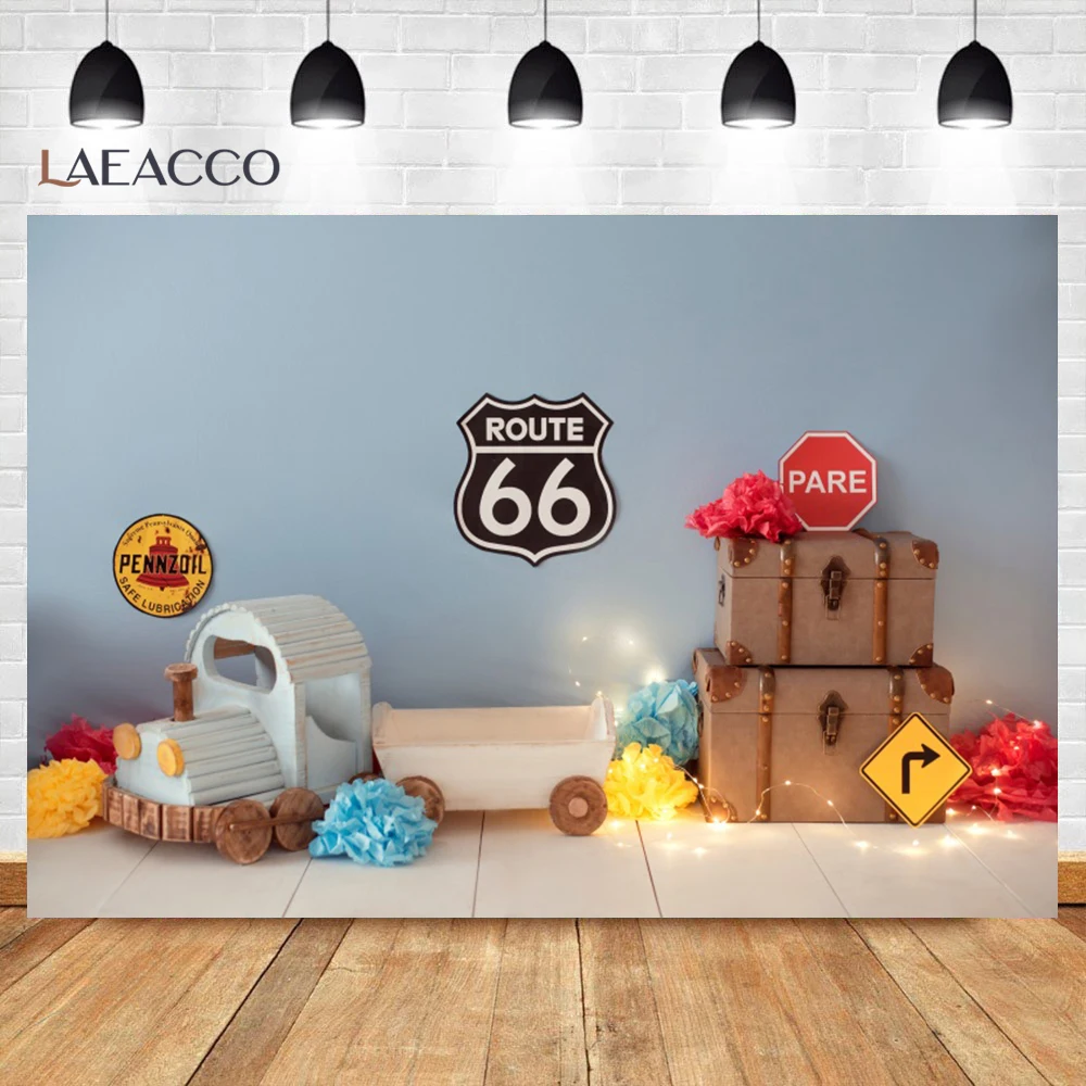 Kids Birthday Cartoon Car Photography Background ROUTE 66 Theme Kids Party Baby Shower Portrait Indoor Photocall Backdrop Props