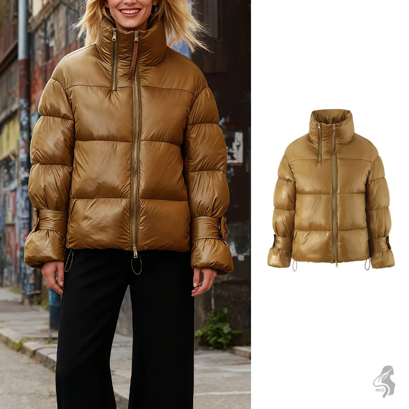 

Women's Short Gold Puffer Coat - High Neck Shiny Padded Jacket with Zip-Up & Adjustable Cuffs, Winter Warmth Outwear