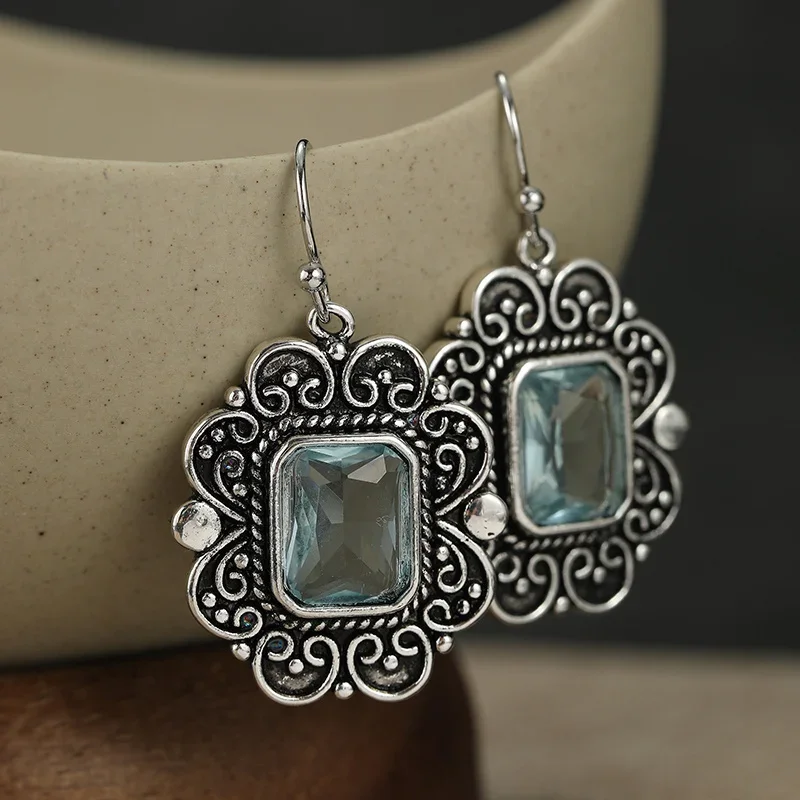 Women's Vintage Square Zircon Dangle Earrings Surrounded By Curly Carved Borders Silver Plated Earrings Exotic Style Jewelry