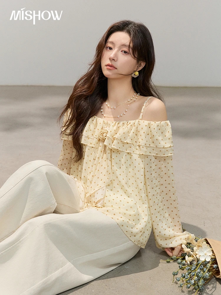 MISHOW Off-shoulder Polka Dot Yellow Chiffon Blouse 2026 Spring New French Style Ruffle Lantern Sleeve Top for Women MXF13X2534