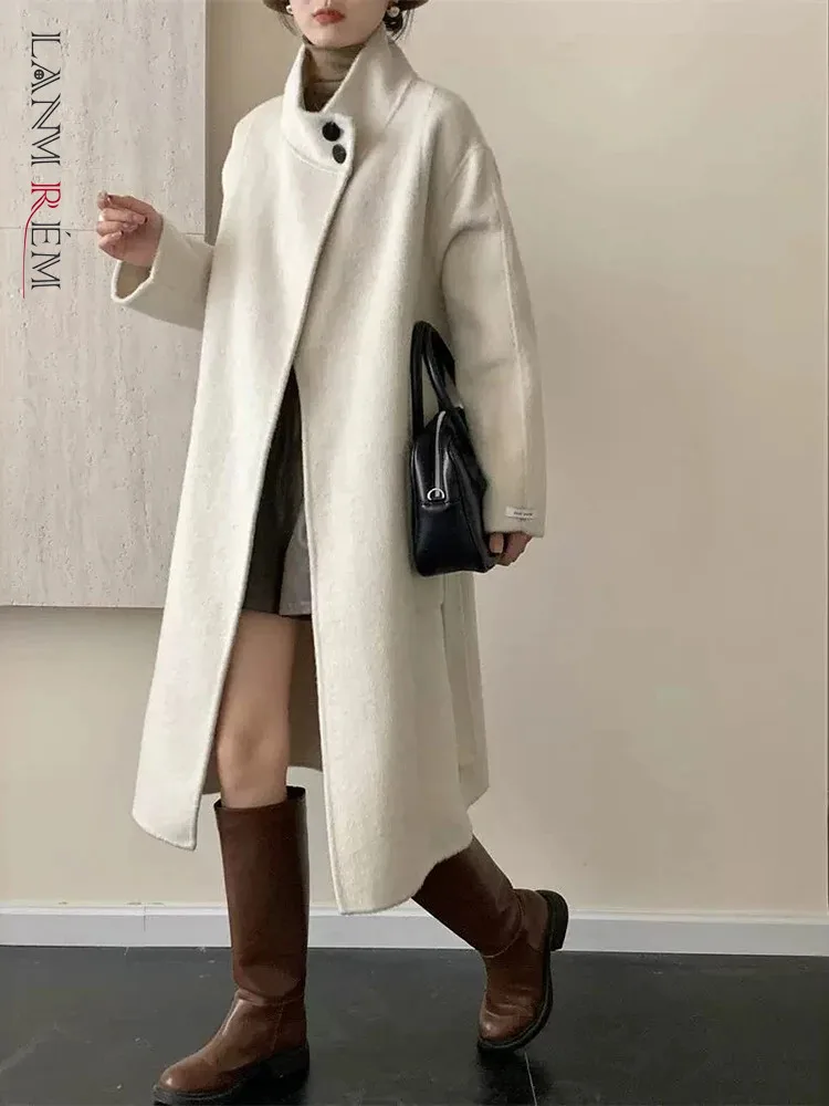 

LANMREM Double-sided Woolen Coat For Women Stand Collar Solid Color Belt Gathered Waist Irregular Overcoats Winter New 2Z2344