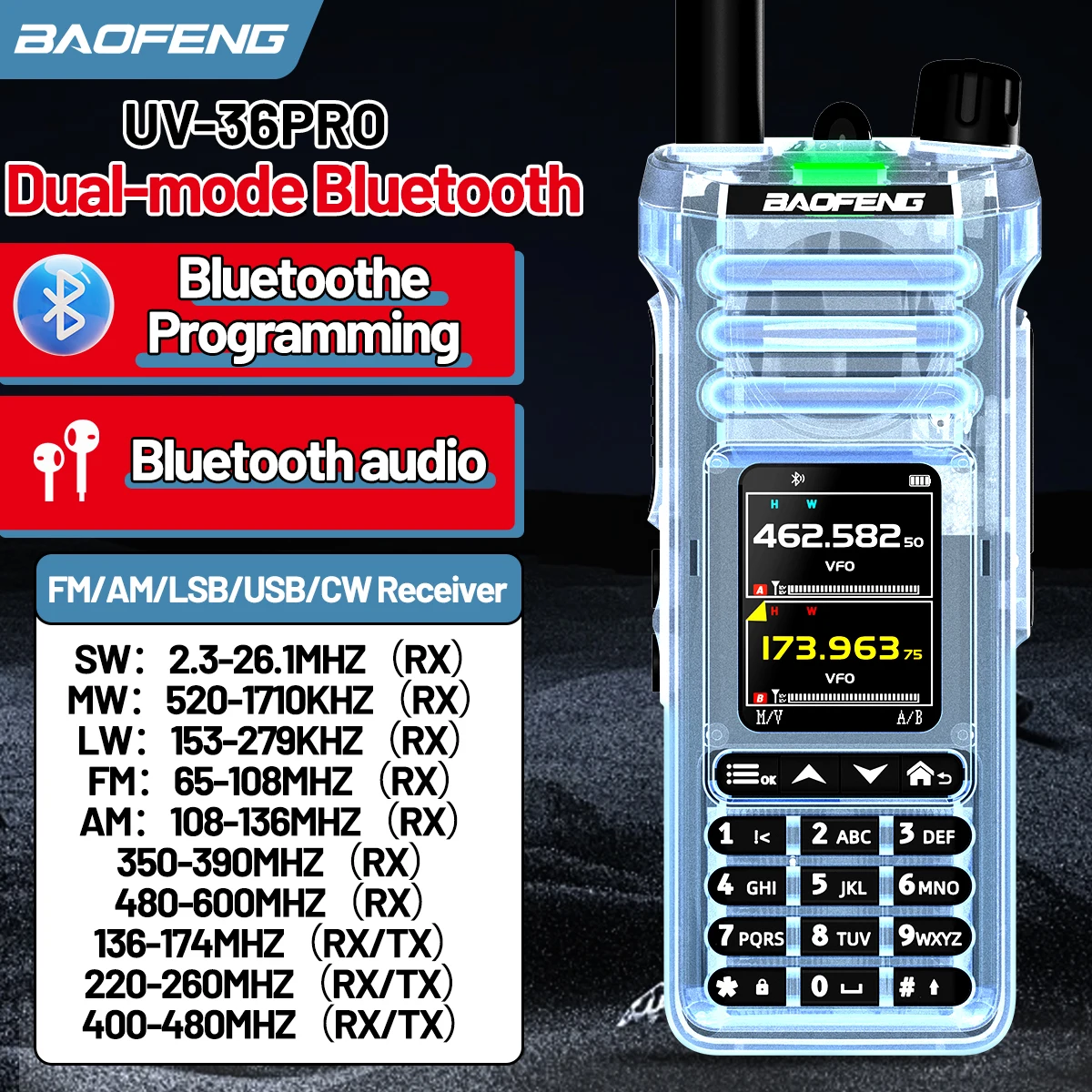 BAOFENG UV‑36 PRO Walkie Talkie 10W High Power Dual Mode Bluetooth Programming Shortwave Receive Two Way Radio FM Handheld Radio