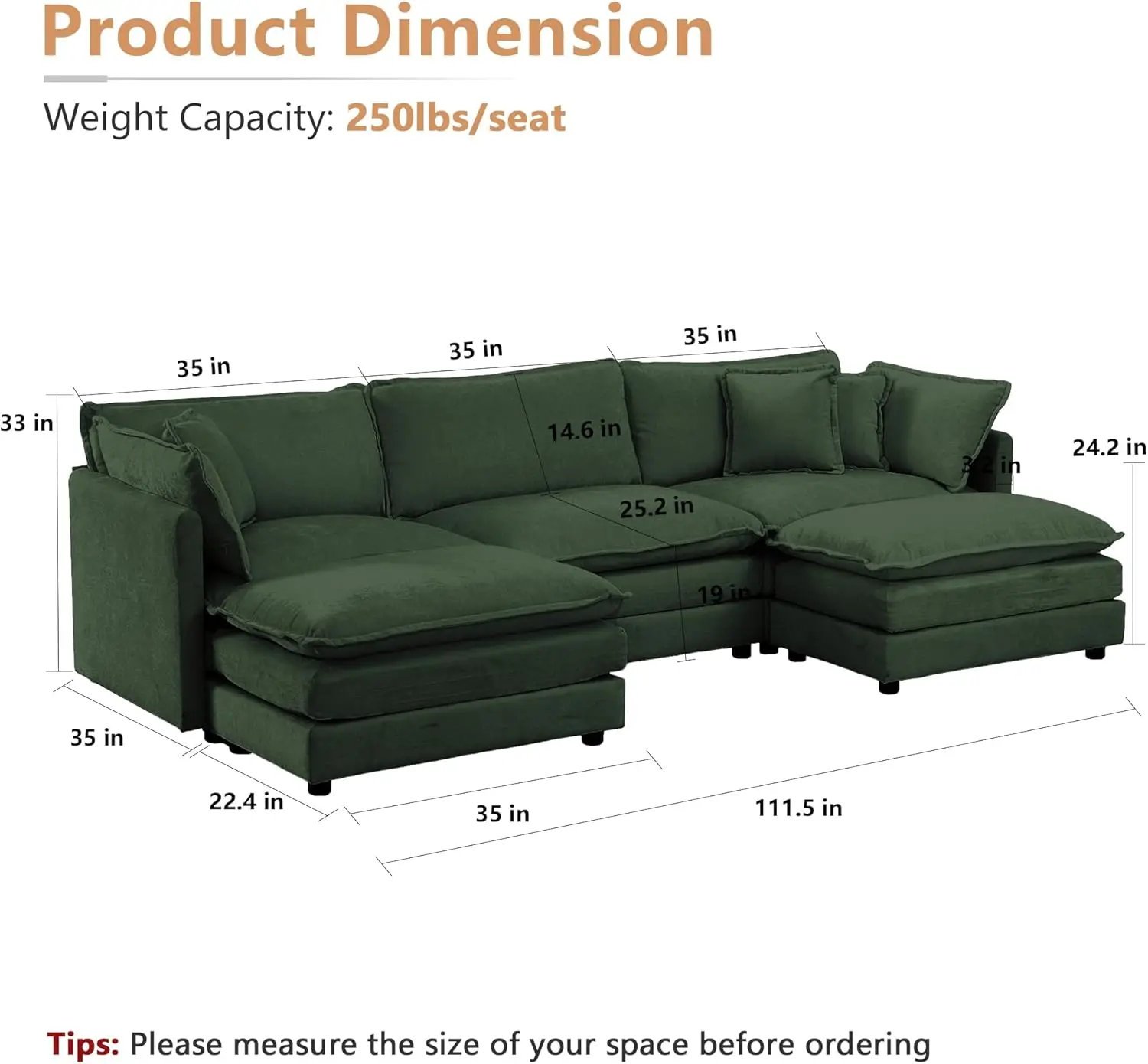 Modular segmented sofa, living room 111.5-inch U-shaped sofa set, 3-seat comfortable, DIY combination,Evergreen