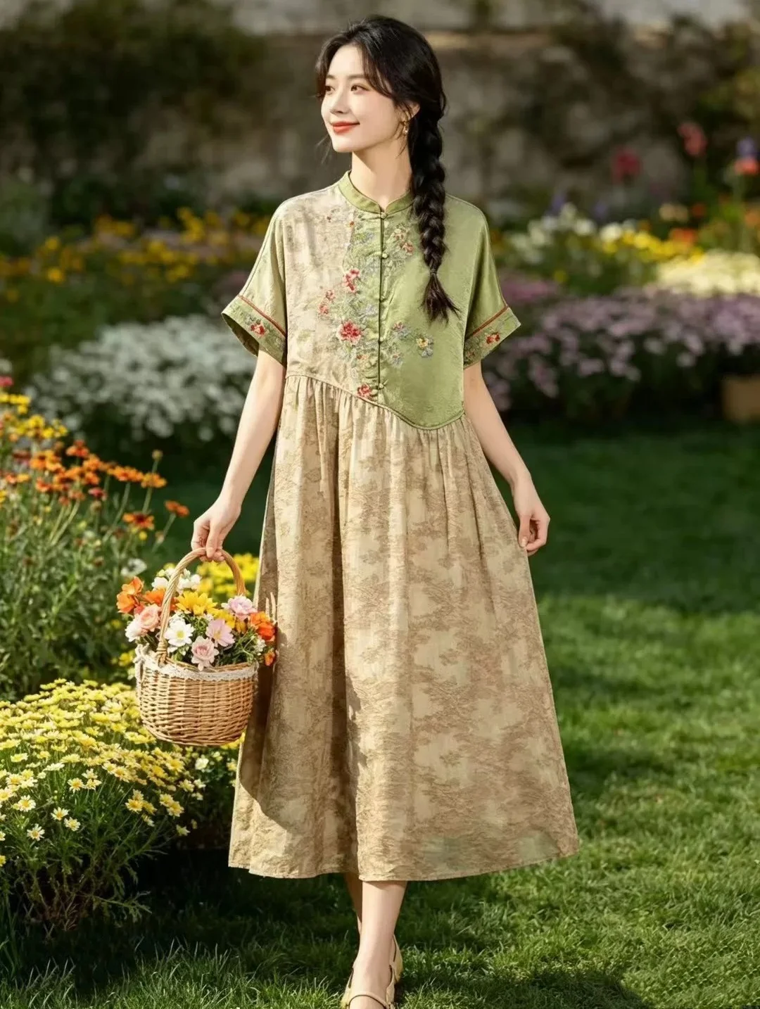 

High-end summer dress national style acetic embroidery Patchwork short sleeve jacquard women's dress