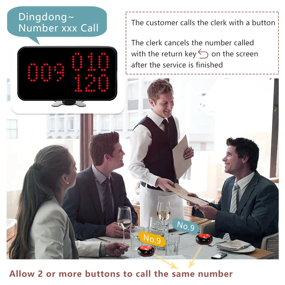 Ycall KOQI Restaurant Waiter Call System 3-Digit Number Display Host Receiver 10 Hookah Call Bell Button Voice Monitoring Pager