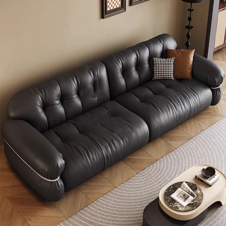 

Customizable Italian minimalist leather living room straight top layer cowhide modern simple black cloud sofa
