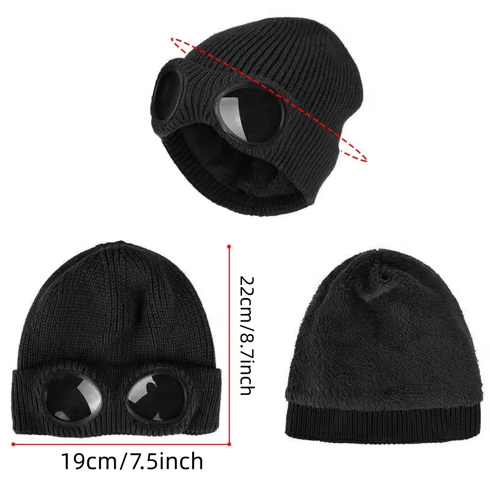 1pc Unisex Knitted Beanie with Goggles Windproof Winter Warm Ski Hat Soft Anti-slip Ear Outdoor Cycling Cap for Men Women  ﻿