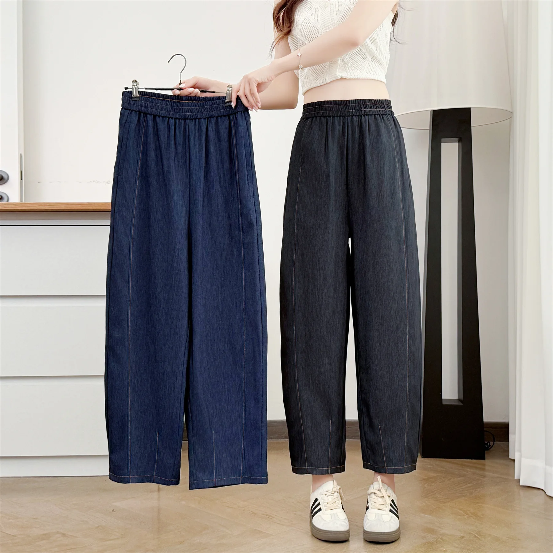 2026 Summer Plus Size Elastic Waist Denim Balloon Pants Stitch Detail Slimming Ankle Length Trousers For Curvy Ladies 9829 view 2