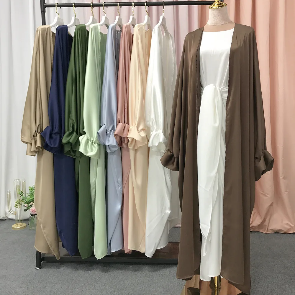 Modest Open Abaya Shiny Satin Cardigan Muslim Elegant Women Maxi Dress Turkey Arabic Kaftan Robe Kimono Eid Party Ramadan Caftan