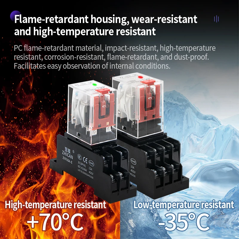 ZHICAN High Power Intermediate Relay Small DC24V/12V AC220-110V with 8/14 Foot Base for Electronic Equipment