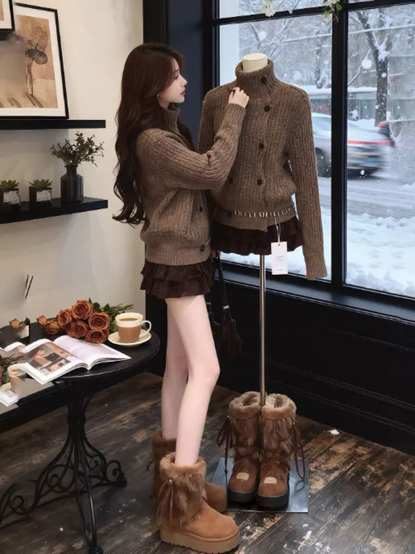 

Retro Unique Knitted Sweater Skirt Set Elegant Complete OOTD Spring 2026 Fashion Women's Ensemble High Waist Short Skirt