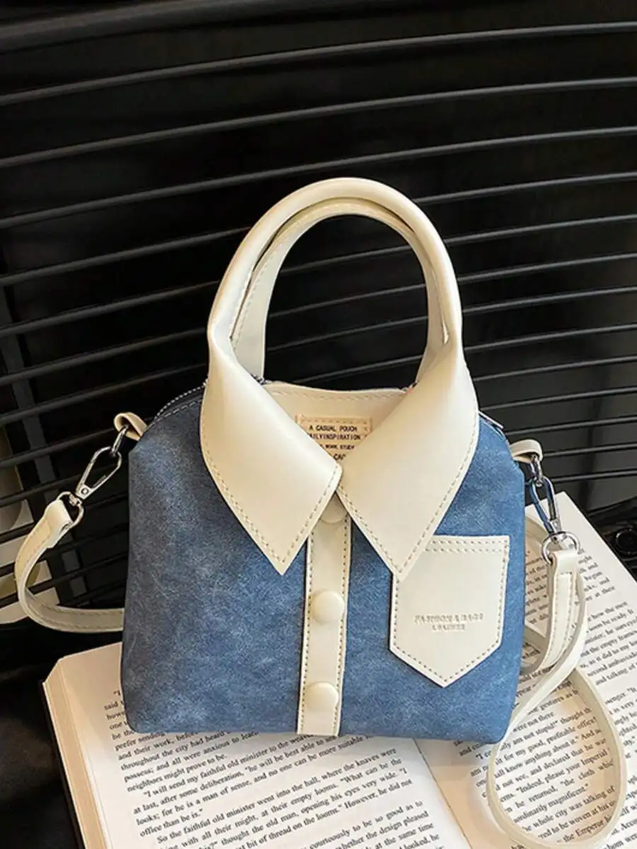 

Denim-Style Crossbody Bag with Shirt Collar Detail and Button Front