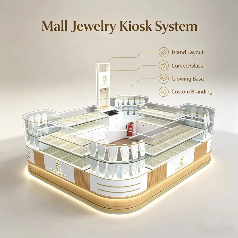 custom.Custom Curved Island Jewelry Kiosk Brushed Gold Trim Perimeter LED Lighting Multi-layer Glass Display Counter Custom Bran
