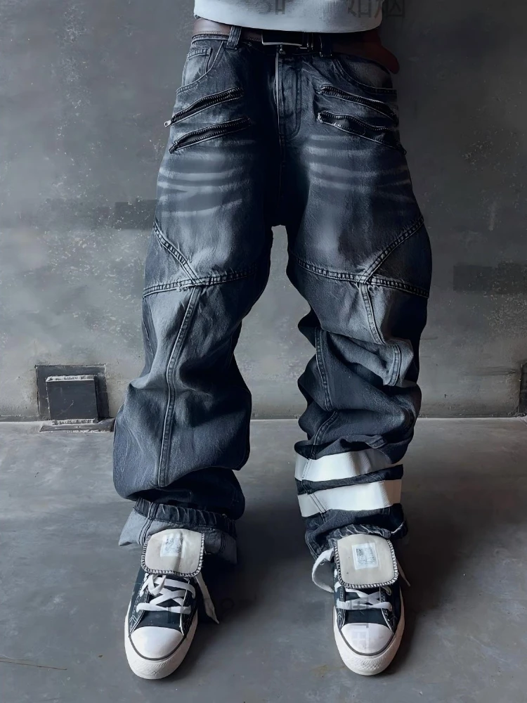 Dark denim jeans with a high waist design, featuring a hip-hop style, straight and loose fit, embodying a street Y2K American st