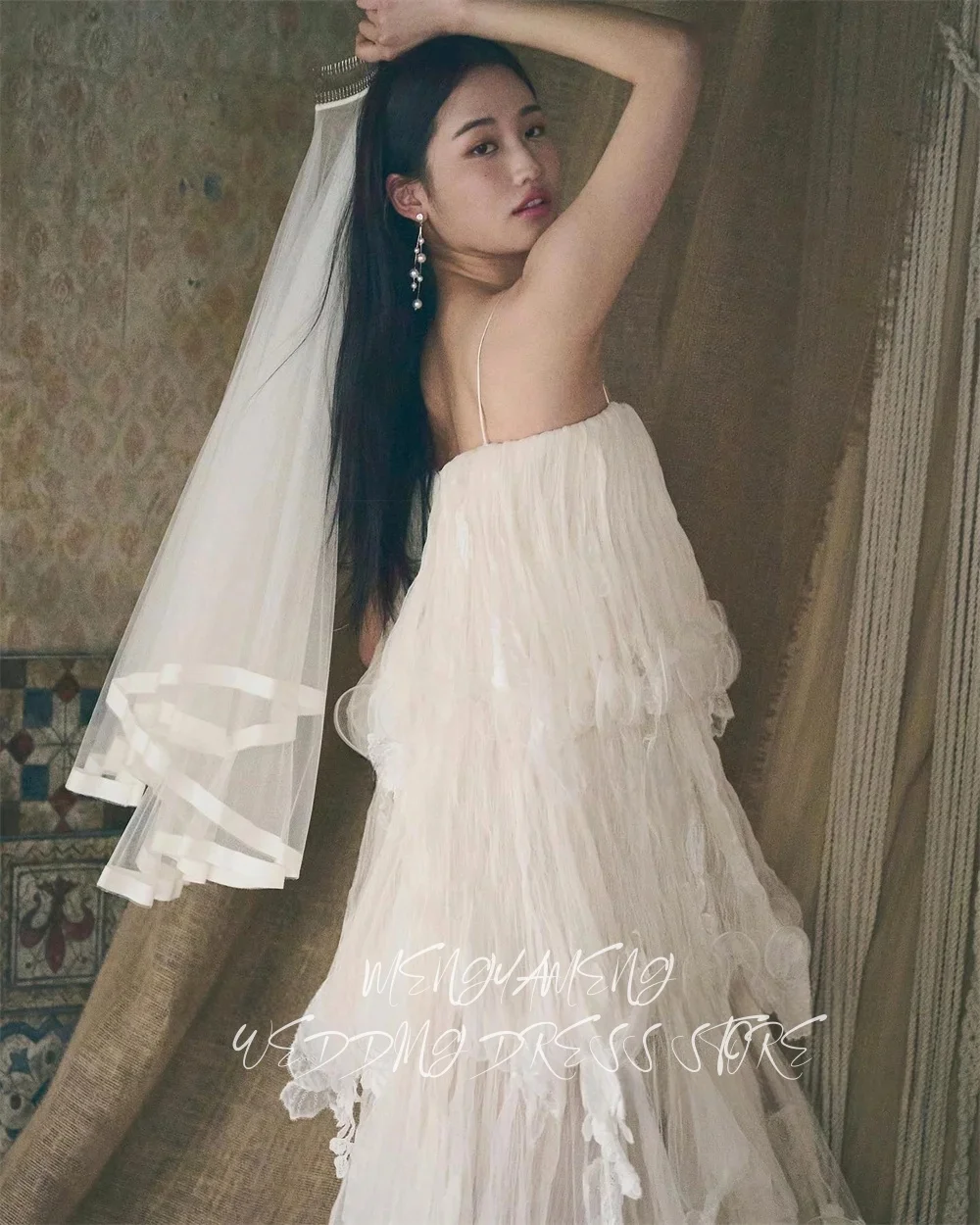 주이슈 스파게티 스트랩 소프트 튤 레이어드 한국 웨딩드레스 사진 촬영 티어드 페어리 브라이덜 가운 파티 이브닝 맞춤 제작