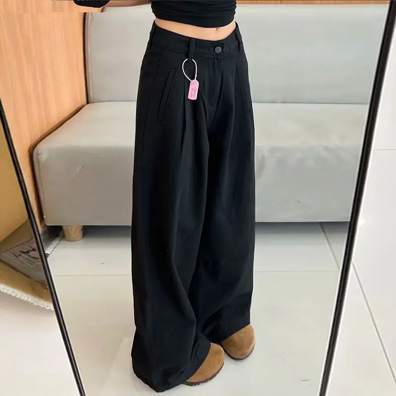 New Black Wide-leg Jeans Women in Summer High-waist Solid Color Versatile Loose Lazy Style Retro Straight Pants
