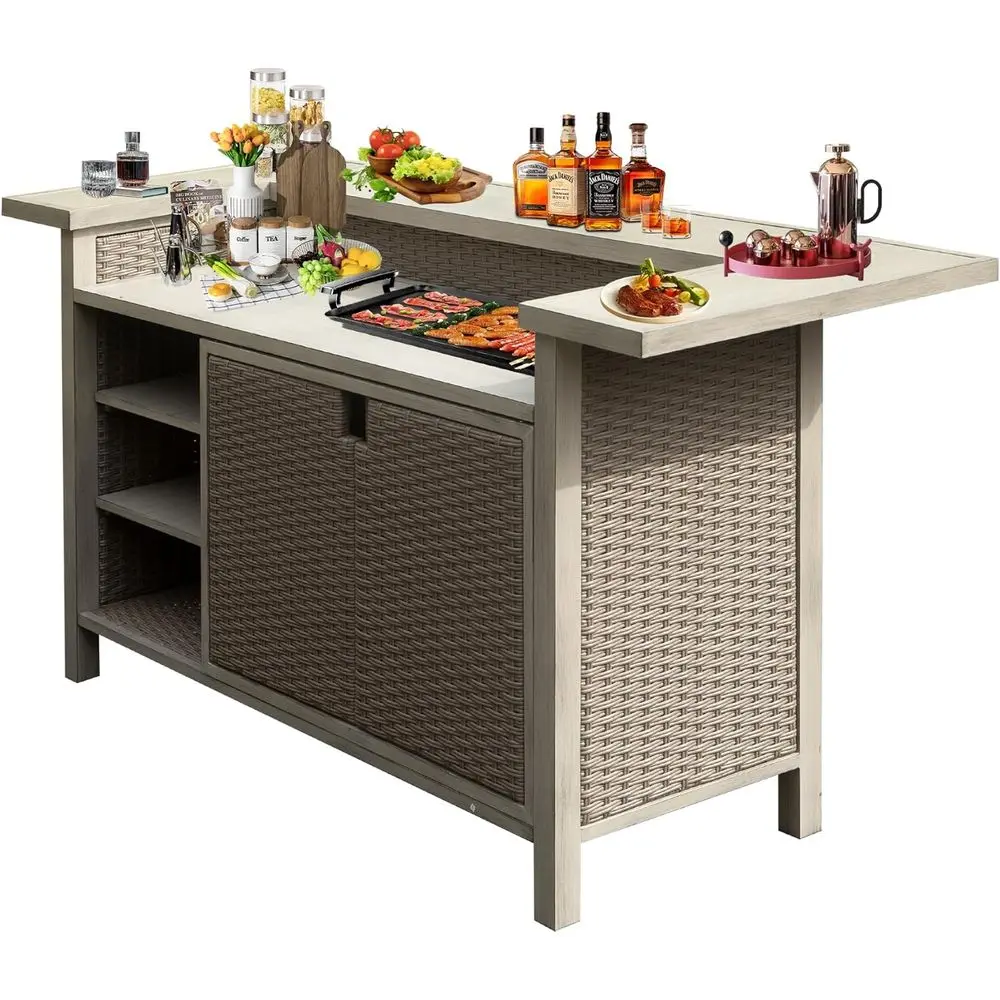 

Outdoor Wicker Bar Cart with Cabinet, Weather-Resistant Storage for Patio Kitchen or Bar, Wood-Tone Finish