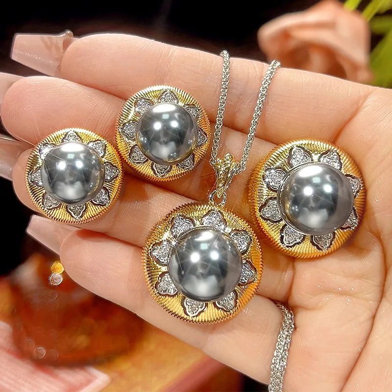 

Jewelry set with gold plating and gray-white pearls, round design, for women 14-12m
