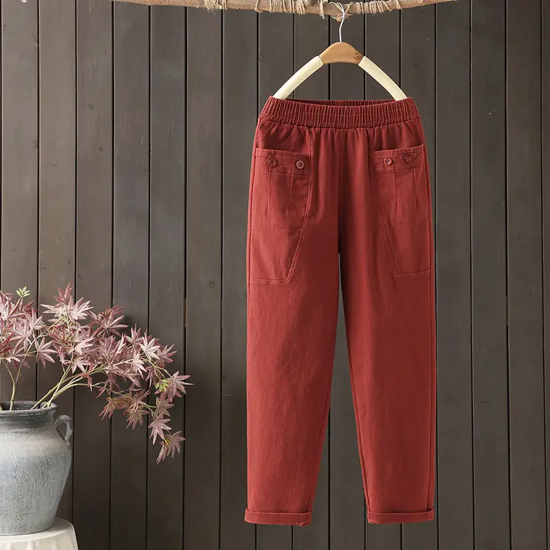 2024 Temperament Summer Casual Women's Fashion Versatile Solid Color Pockets Elastic High Waist Loose Straight Harun Crop Pants