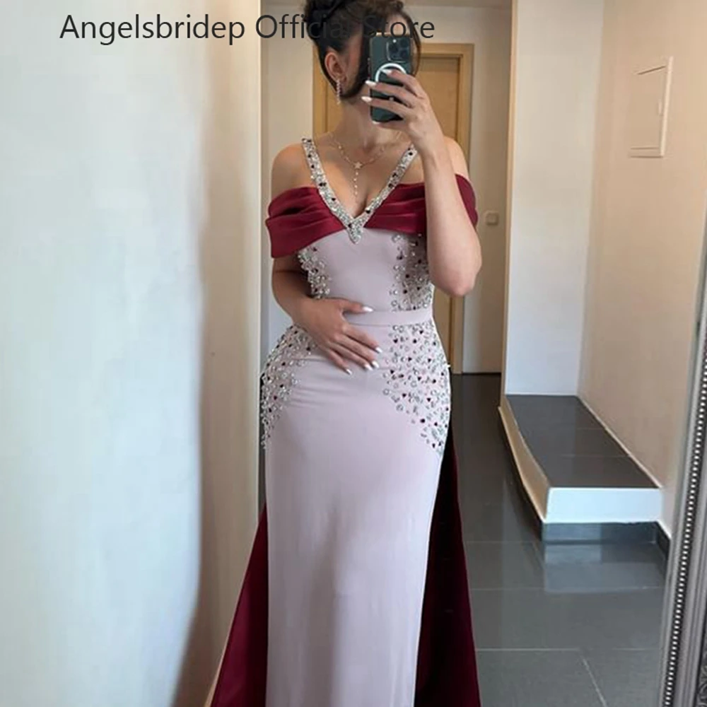 

Angelsbridep V-neck Straps Prom Dress Satin Mermaid Vestido De Festas Longo Casamento Sparkly Beadings Sequins Vestidos De Noche