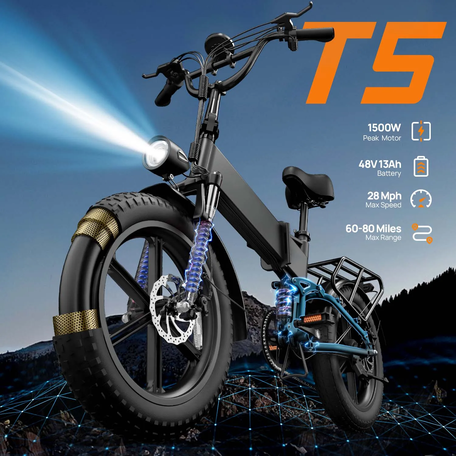 

URLIFE T5 1500W Adult Electric Bike 48V 13AH Foldable Electric Bicycle 20-inch LED Display 7-Speed ​​All-Terrain Ebike