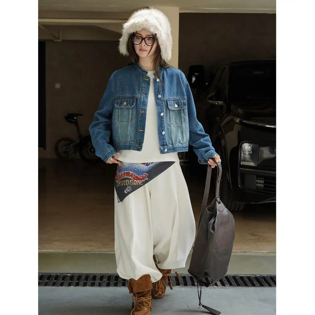 

Early Autumn Fashionable Retro Gradient Multi-Pocket Jacket Short Stand Collar Trendy Outerwear For Women Japanese Style