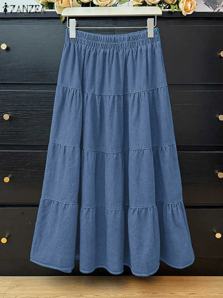 ZANZEA Casual Korean Fashion Long Skirt Vacation Women Faxu Denim Elastic High Waist A-line Faldas Tiered Solid Color Midi Skirt