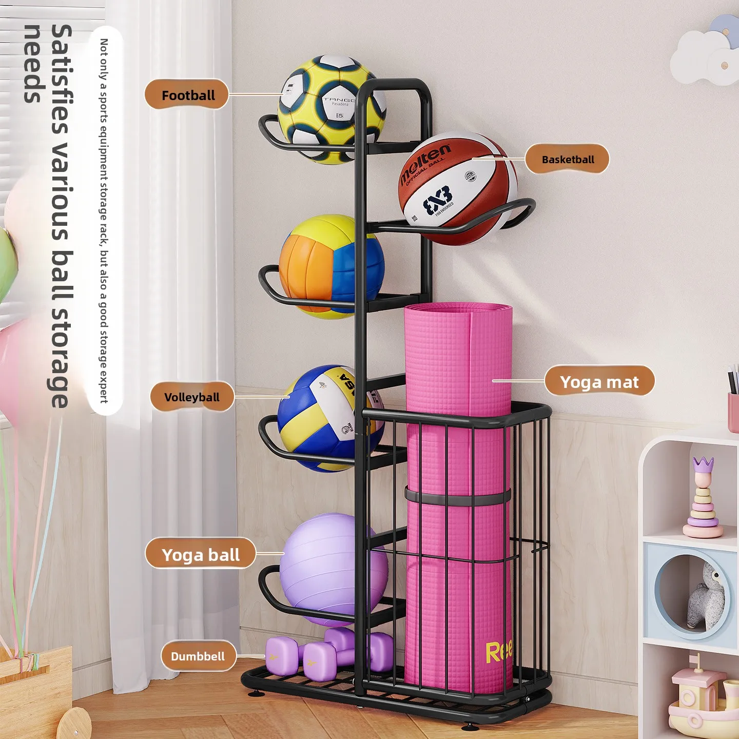 Multi-Layer Ball Storage Rack Indoor Sports Ball Shelf Basketball Volleyball Football Holder for Home School Kids
