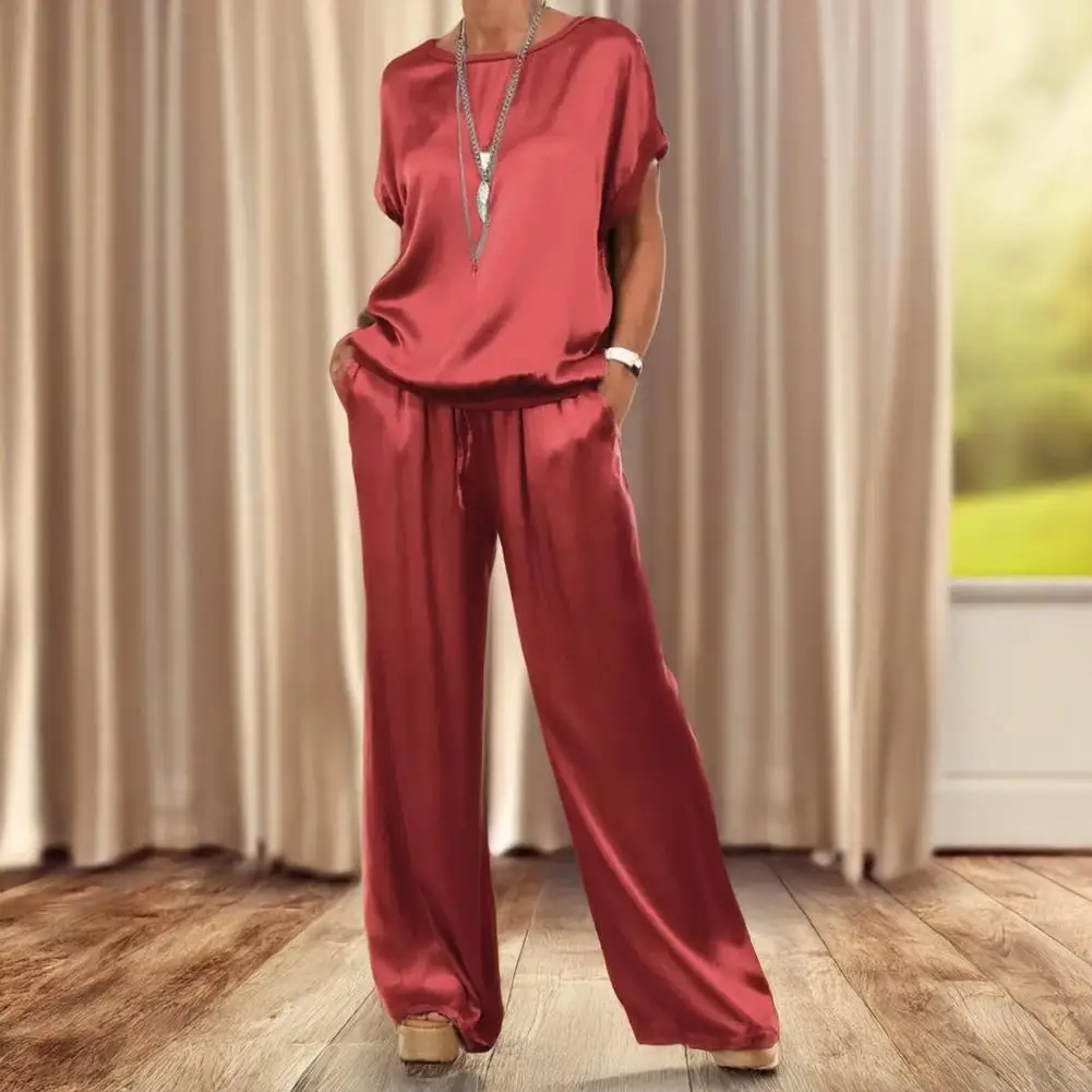 

2025 Summer Elegant Women's Fashion Short-sleeved+long Trousers Sleeve Round Neck Loose Shirt Wide Leg Pants Casual 2-piece Set