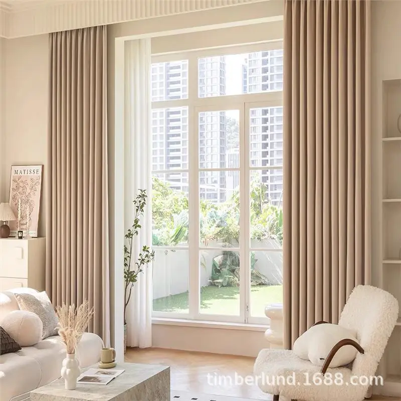 

Pine leaf velvet curtain blackout light luxury modern simple living room bedroom new milk tea color curtain