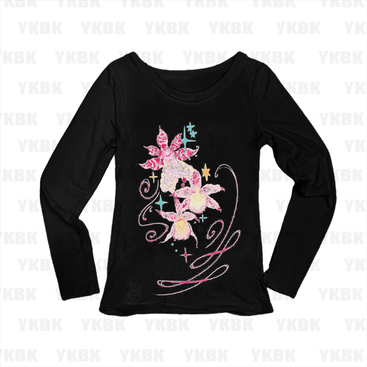 Fairy Aesthetic Women Slim Long Sleeve Top Floral Orchid Star Swirl Print Scoop Neck Y2K Sweet Tee Shirt