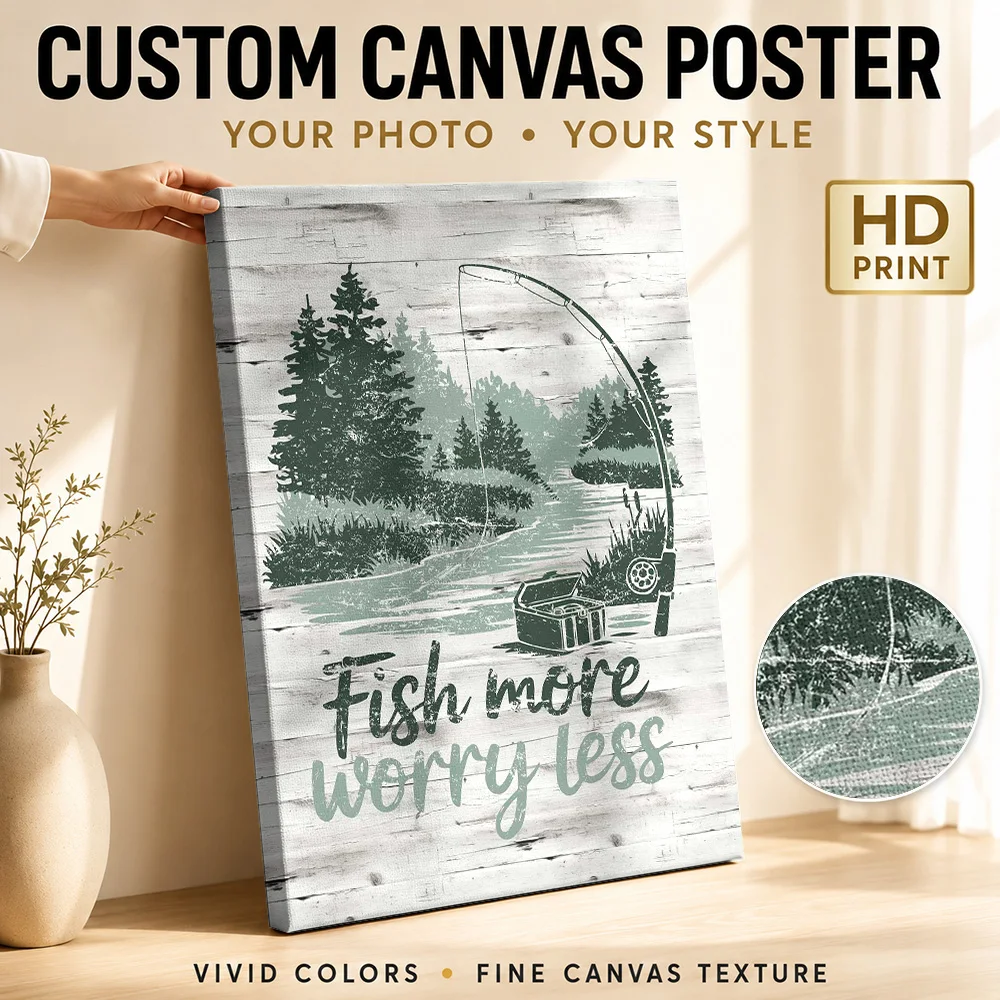 Fish More Worry Less Quote Gallery Wrapped Canvas Print Customized Photo Vintage Graphic Design Wall Art For Cabin Birthday Gift