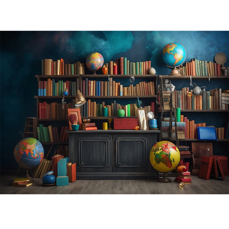 Back to School Backdrop Blackboard Vintage Wood Wall Globe Books Children Portrait Photography Background Photo Studio Props