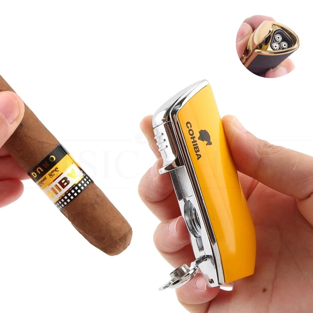 COHIBA-Windproof Metal Cigar Lighter, 3 Jet Blue Flame, Turbo Torch, Portable Igniter with Cigar Punch Tool, Original Gift