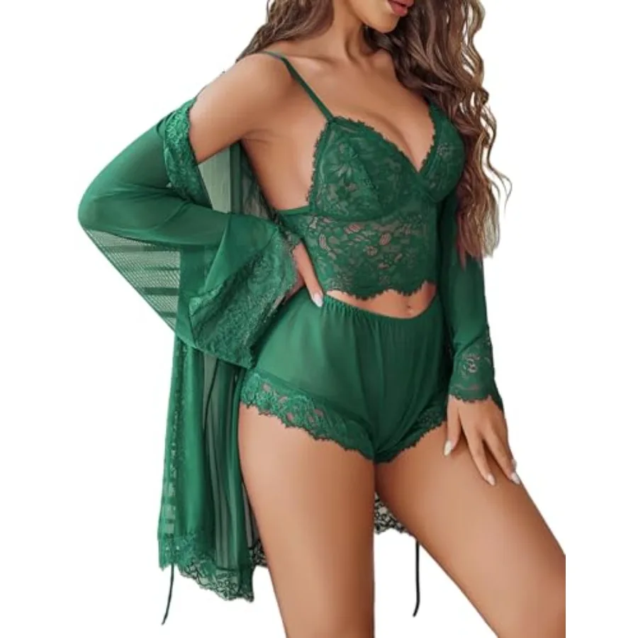 

Avidlove Women Sexy Lingerie Set 3 Pcs Lace Bralette and Panty Sets With Mesh Kimono Robe Sleepwear Exotic Nightgown