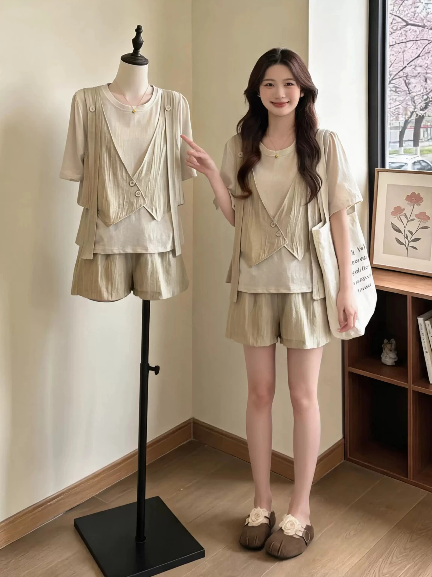 

Summer Fashion plus Size Women's Ensemble Casual Patchwork Vest And Shorts Two-Piece Set Fake Two-Piece Commute Style High Waist