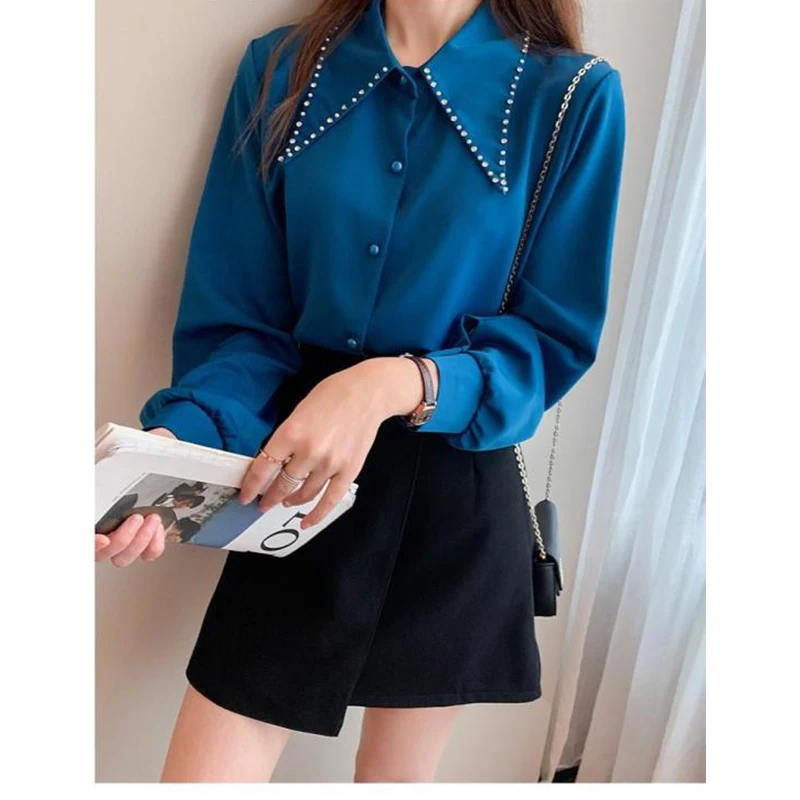 Women Spring Korean Temperament Loose Embroidered Flares Solid Color Long Sleeve Shirts Ladies Casual All-match Appear Thin Tops