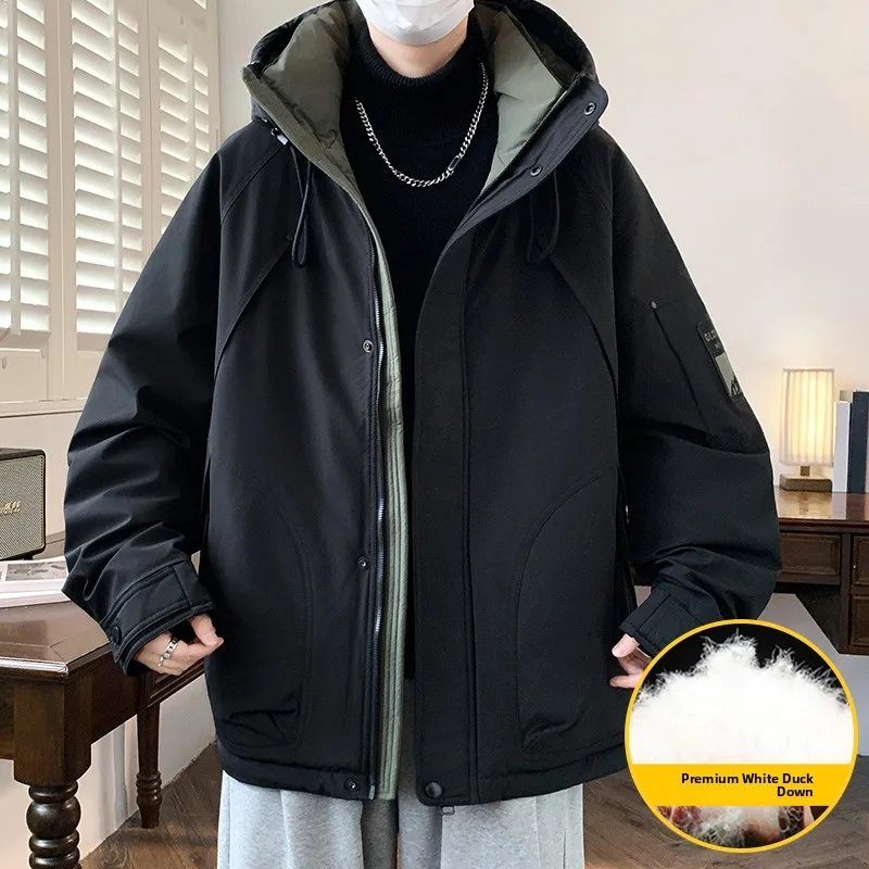 

2025 New Men's down Jacket Winter Thickened Casual Loose Fit Hooded Zipper Closure Fashionable Youth Style Windproof Polyester