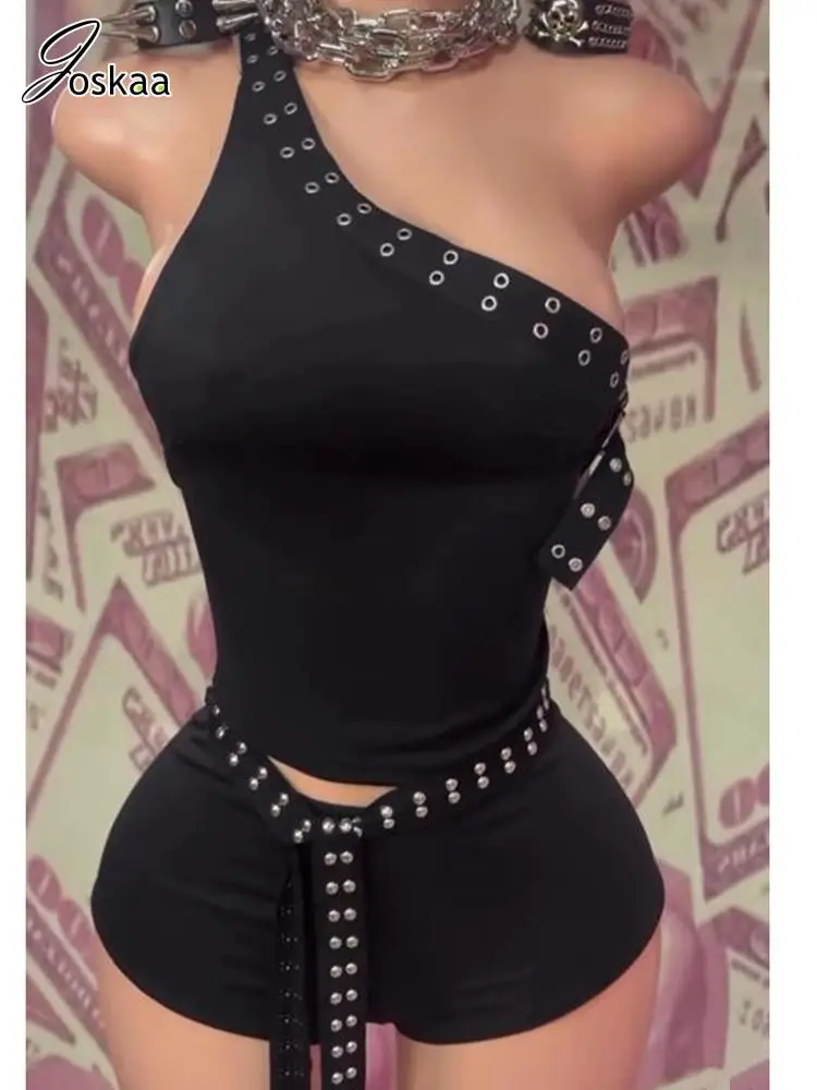 Joskaa 2025 طقم نسائي أسود مكون من قطعتين مثير بكتف واحد بدون أكمام وسروال قصير ملابس نادي الحفلات Y2K ملابس الشارع #5